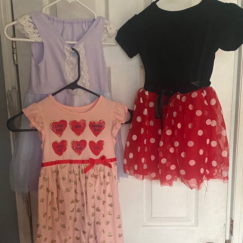 BUNDLE of 3 EUC Girls Polka Dot Tulle Dress & Hearts Graphic Pink Dress Set of 3